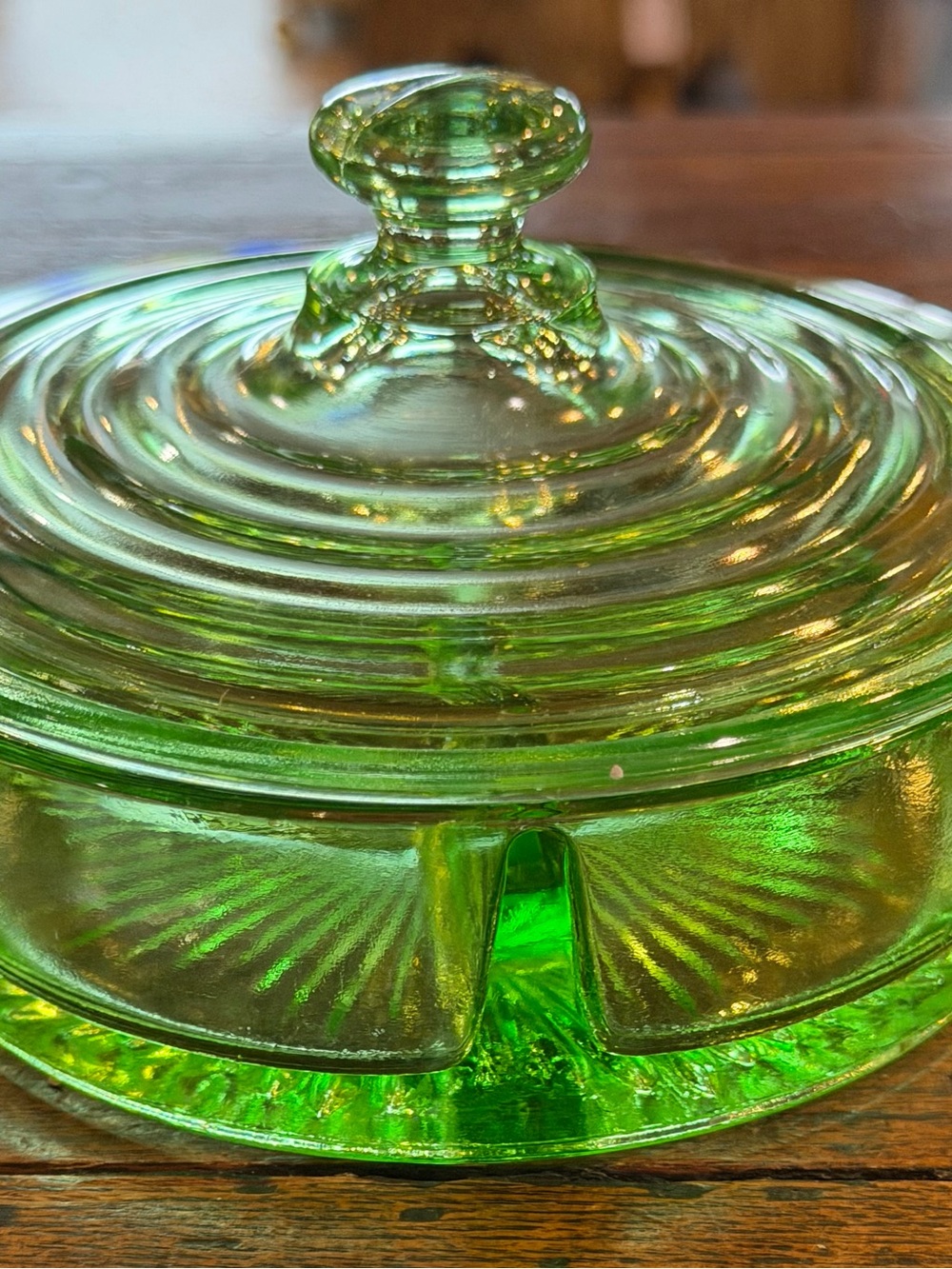 Uranium Glass 3-Section Dish, Antique Pre-1900, 5 Inch